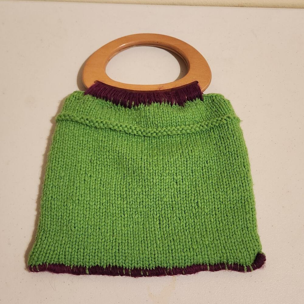 Vintage 1990s Macramé Yarn Purse Wooden Handle Green & Purple Retro Hippie Bag